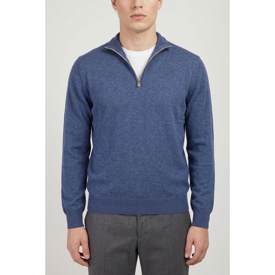 Brunello Cucinelli Half-Zip Wool Sweater — Denim Blue