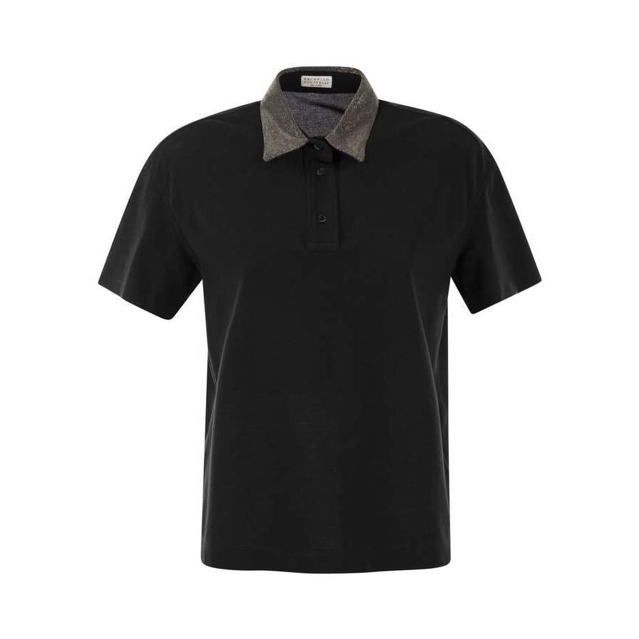 Brunello Cucinelli Contrast Textured Collar Polo — Black