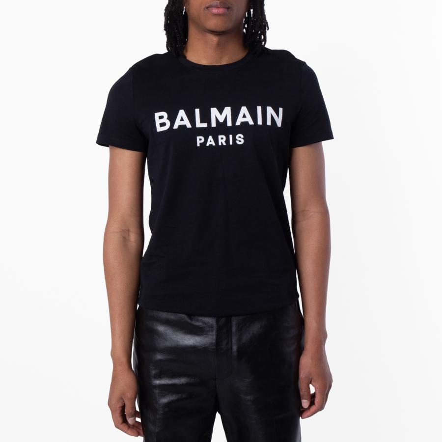 Balmain Flock Logo Print Cotton T Shirt
