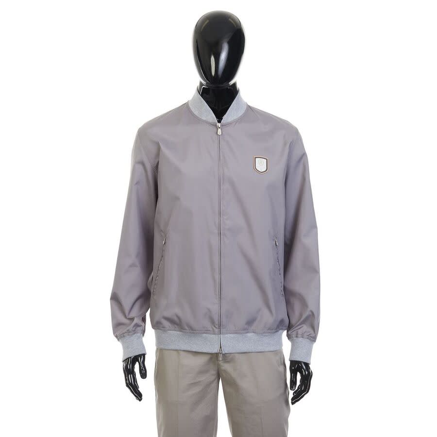 Brunello Cucinelli Ribbed Knit Trim Bomber Jacket — Gray