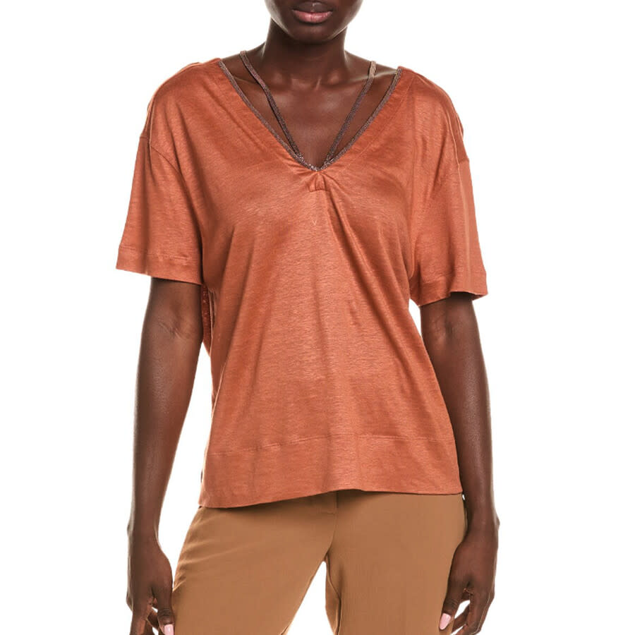Brunello Cucinelli Rust Silk Blend Beaded Top