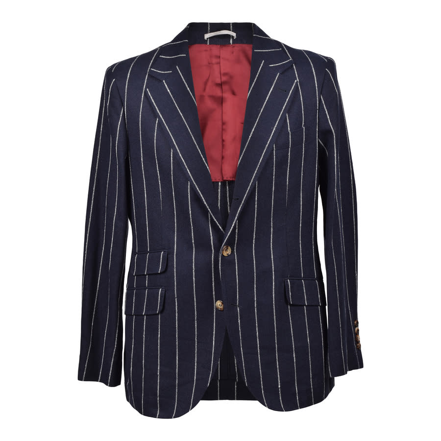 Brunello Cucinelli Navy Linen Blend Striped Suit