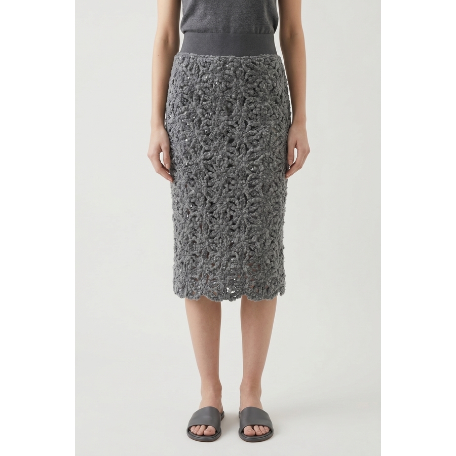 Brunello Cucinelli Textured Floral Wool Pencil Skirt — Gray