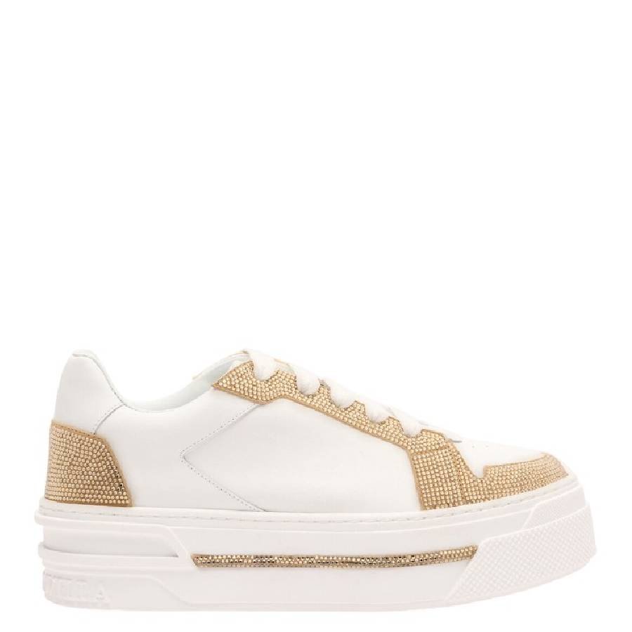 Rene Caovilla Xtra White-Gold Leather Sneaker, Brand Size 39 (US Size 9)