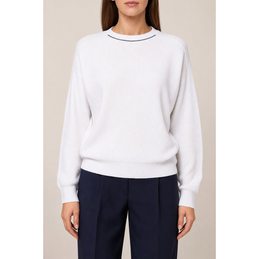 Brunello Cucinelli Womens 100% Cotton Crew Neck Monili Bead Sweater Nwt