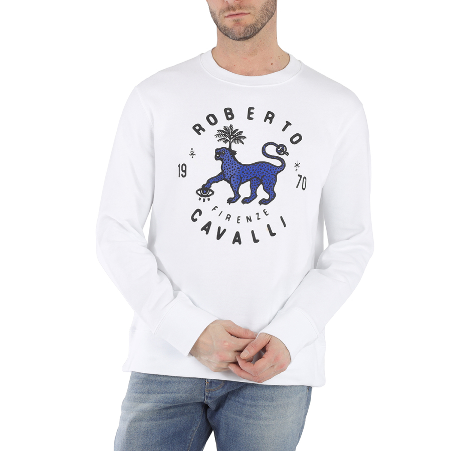 Roberto Cavalli Optic White Cotton Jersey Lucky Leopard Print Sweatshirt