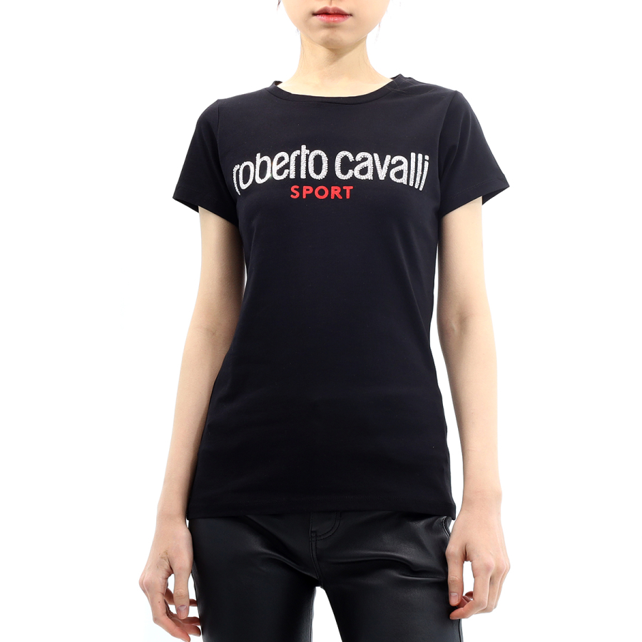 Roberto Cavalli Ladies Black Stretch Jersey Sport Logo T-shirt