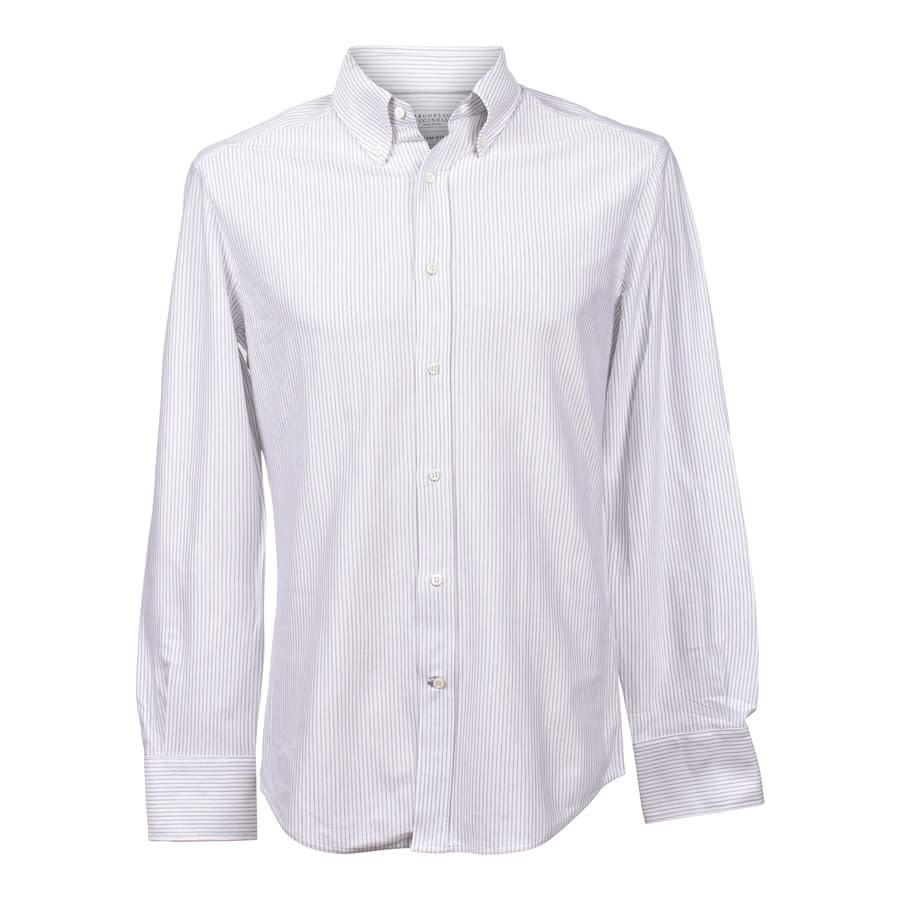 Brunello Cucinelli Men'S White Mocha Striped Dress Shirt