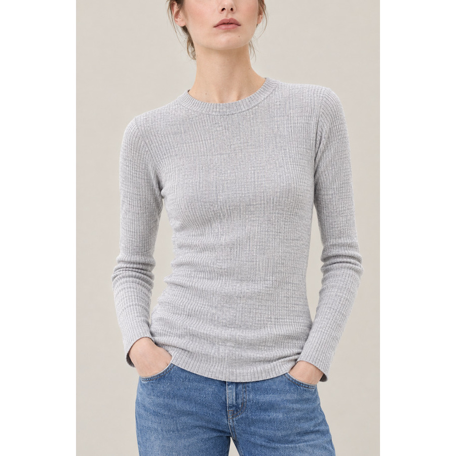 Brunello Cucinelli Womens Light Grey Wool Ribbed Crewneck Sweater