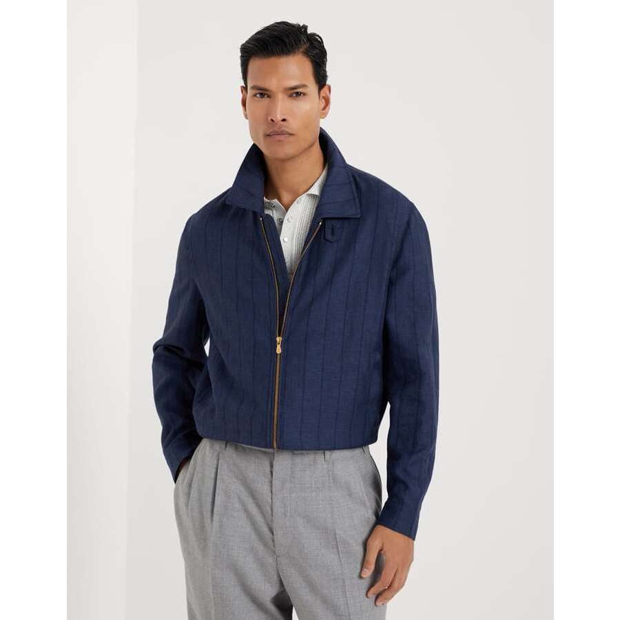 Brunello Cucinelli Men's Navy Wool Linen Silk Blend Zip Jacket