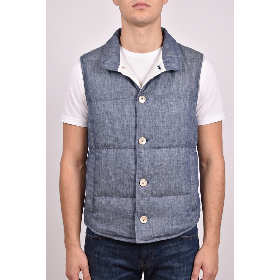 Brunello Cucinelli Blue Linen Button Down Vest