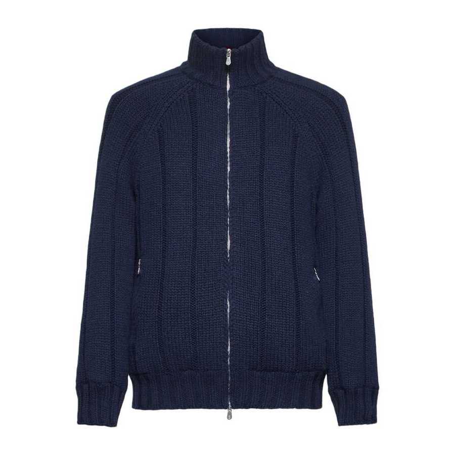 Brunello Cucinelli Navy Wool Zip Knit Jacket