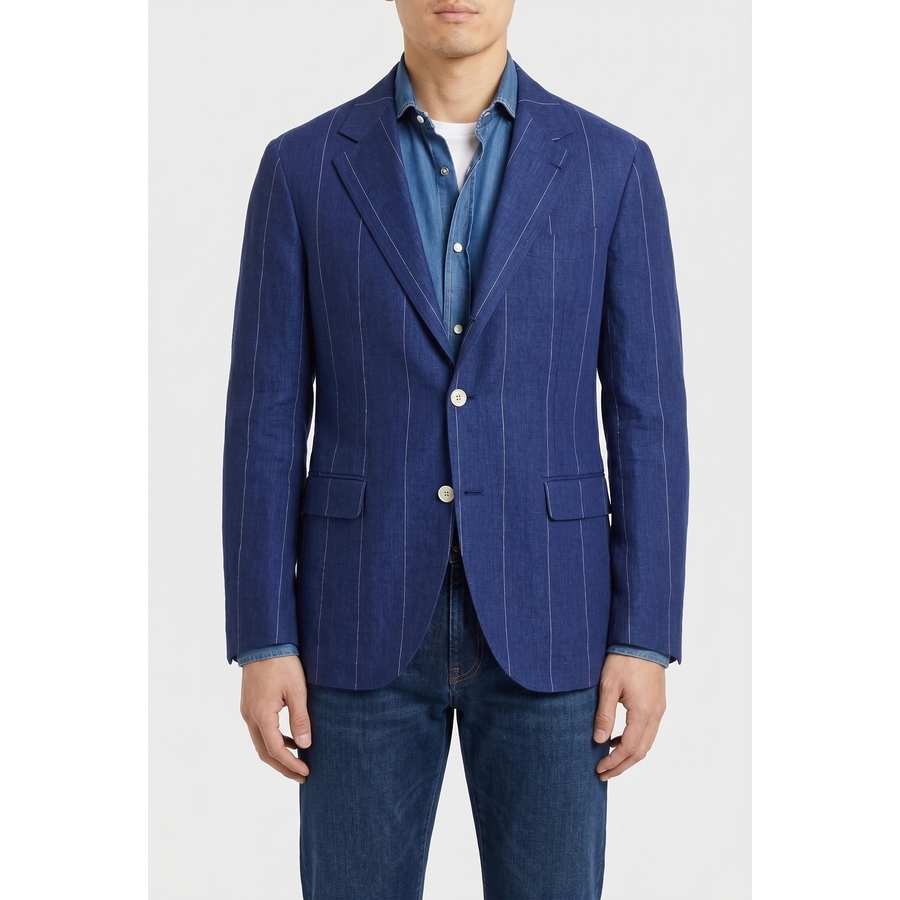 Brunello Cucinelli Blue Linen Tailored Blazer