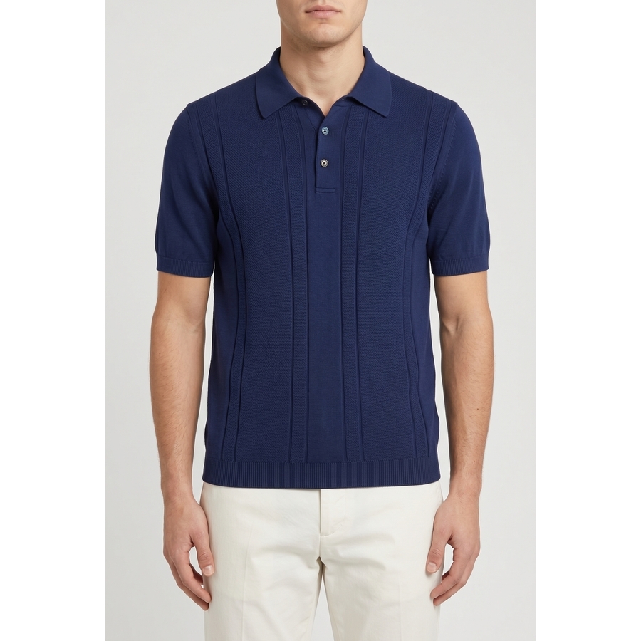 Brunello Cucinelli Dark Blue Textured Polo Sweater