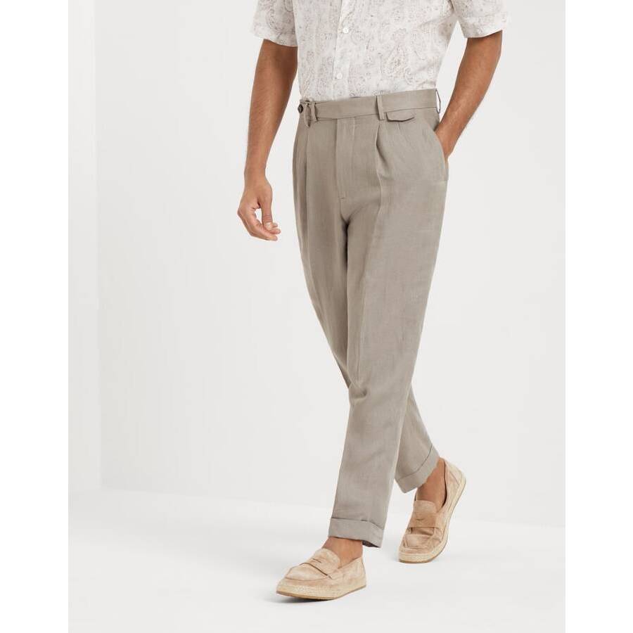 Brunello Cucinelli Men's Sage Linen Pleated Trousers