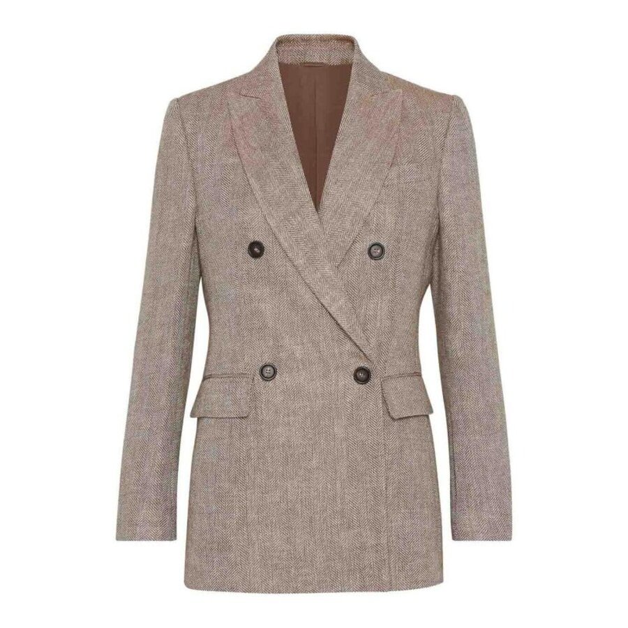 Brunello Cucinelli Tabacco Linen Double Breasted Jacket, Brand Size 40 (US Size 6)