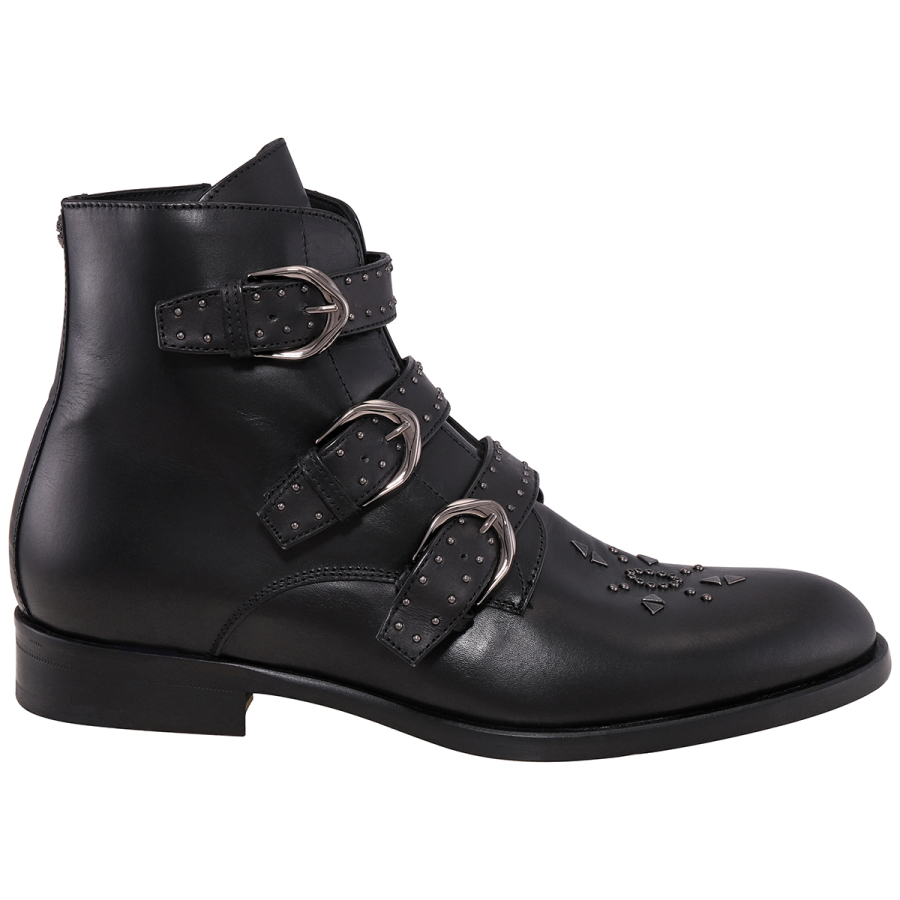 Roberto Cavalli Mens Black Leather Buckled Ankle Boots