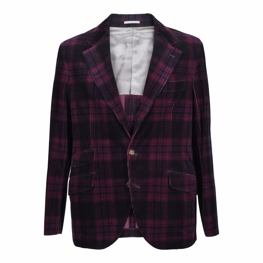 Brunello Cucinelli Men'S Burgundy Plaid Corduroy Blazer