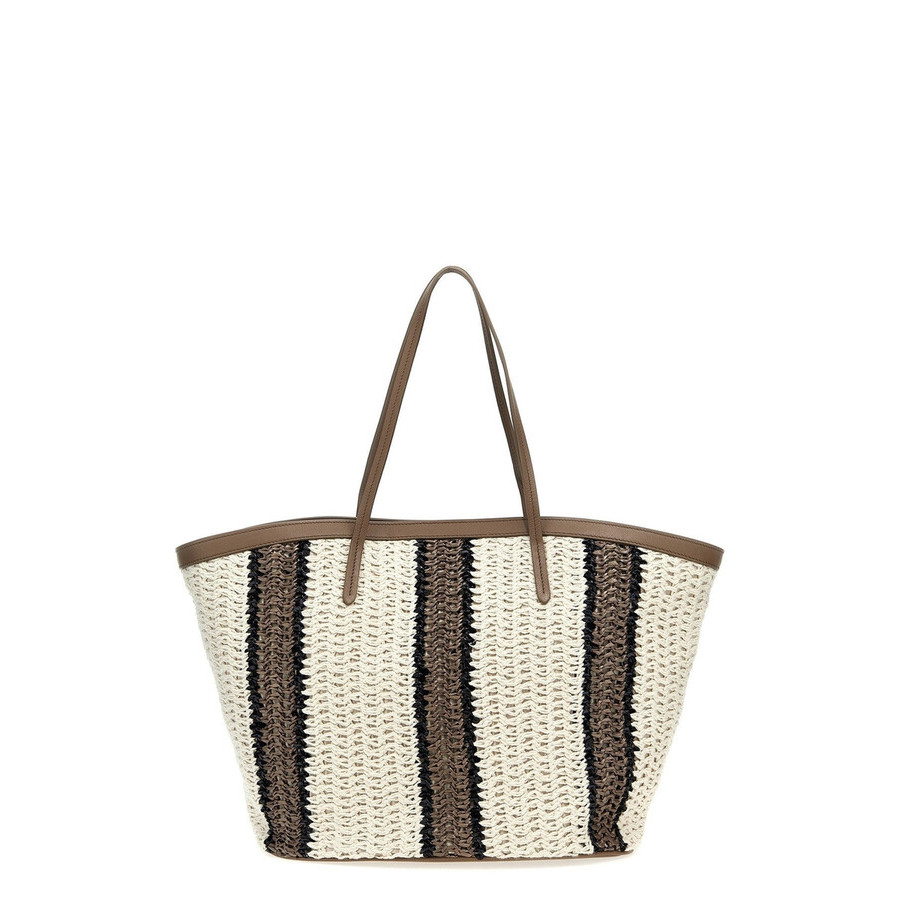 Brunello Cucinelli White Beige Striped Woven Tote Bag