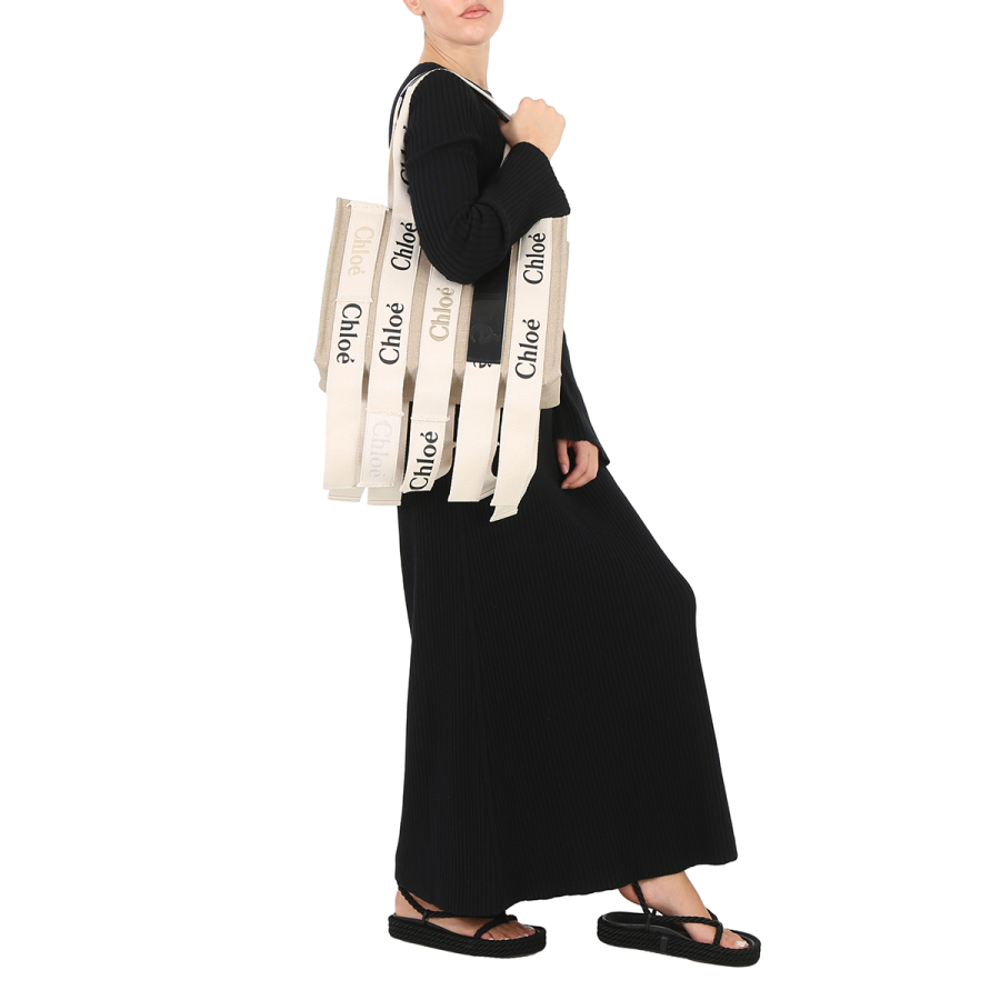Chloe Sand Linen Woody Medium Logo Tote