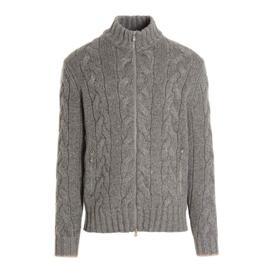 Brunello Cucinelli Men's Light Grey Wool Cable Knit Zip Sweater