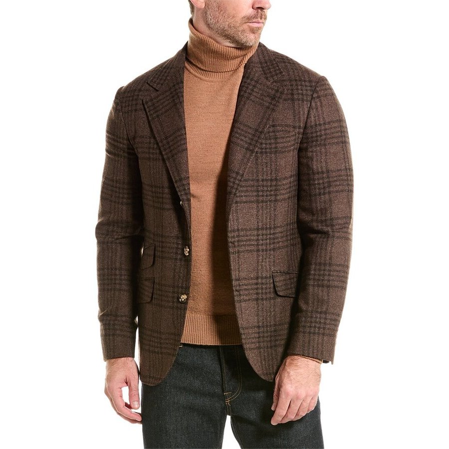Brunello Cucinelli Men's Coffee Wool Silk Blend Checked Blazer