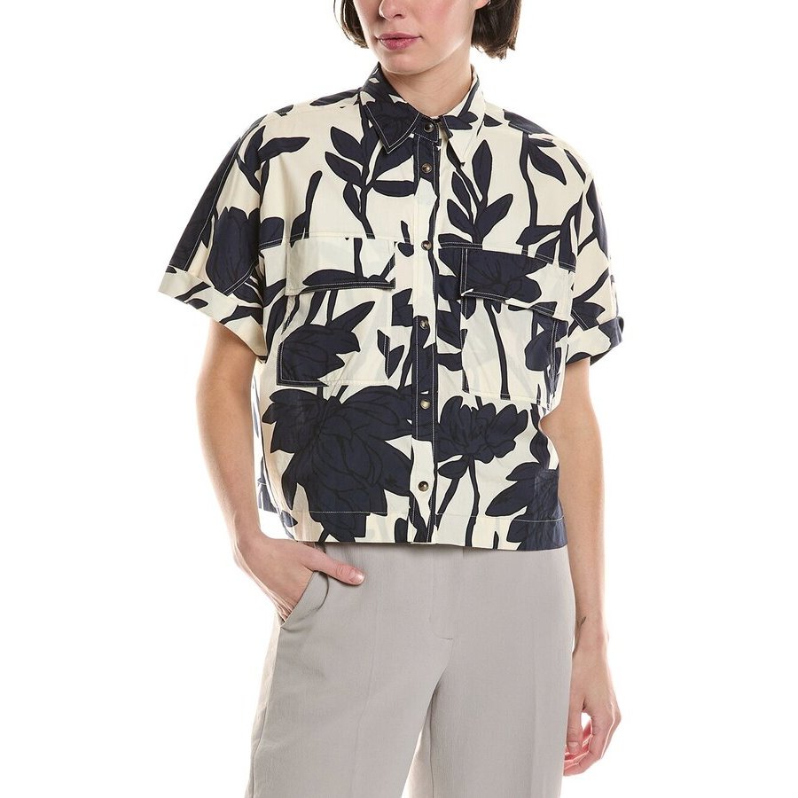 Brunello Cucinelli Women's Panama Blue Floral Short-Sleeve Shirt