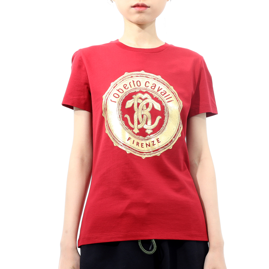 Roberto Cavalli Ladies Carmine Foil Mirror Snake Logo Cotton Jersey T-shirt