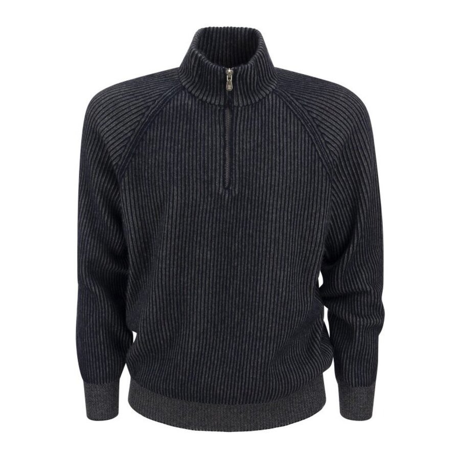 Brunello Cucinelli Ribbed Wool Half-Zip Sweater — Navy