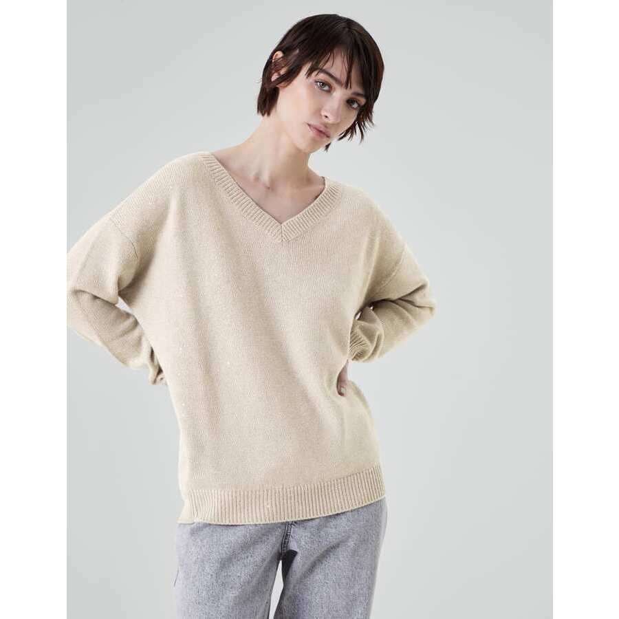 Brunello Cucinelli Womens Light Brown Wool Silk V Neck Sweater