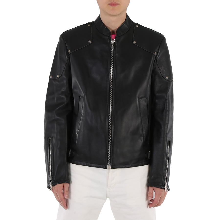 Roberto Cavalli Mens Black Studded Leather Jacket