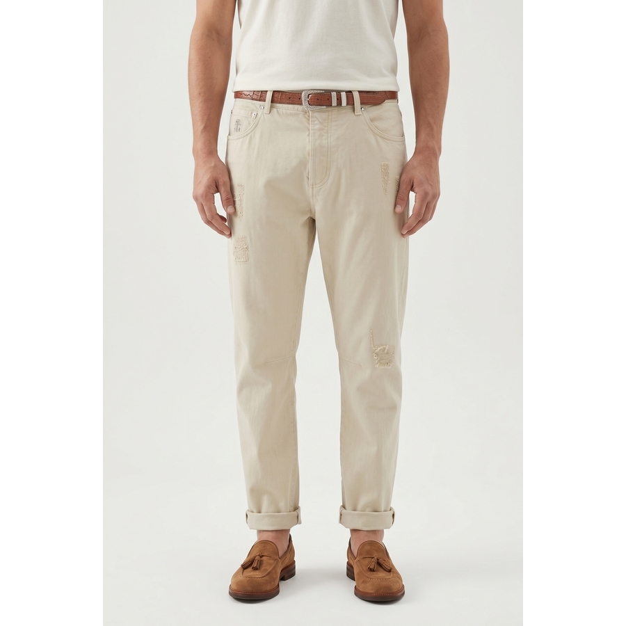Brunello Cucinelli Distressed Cotton Trousers — Beige