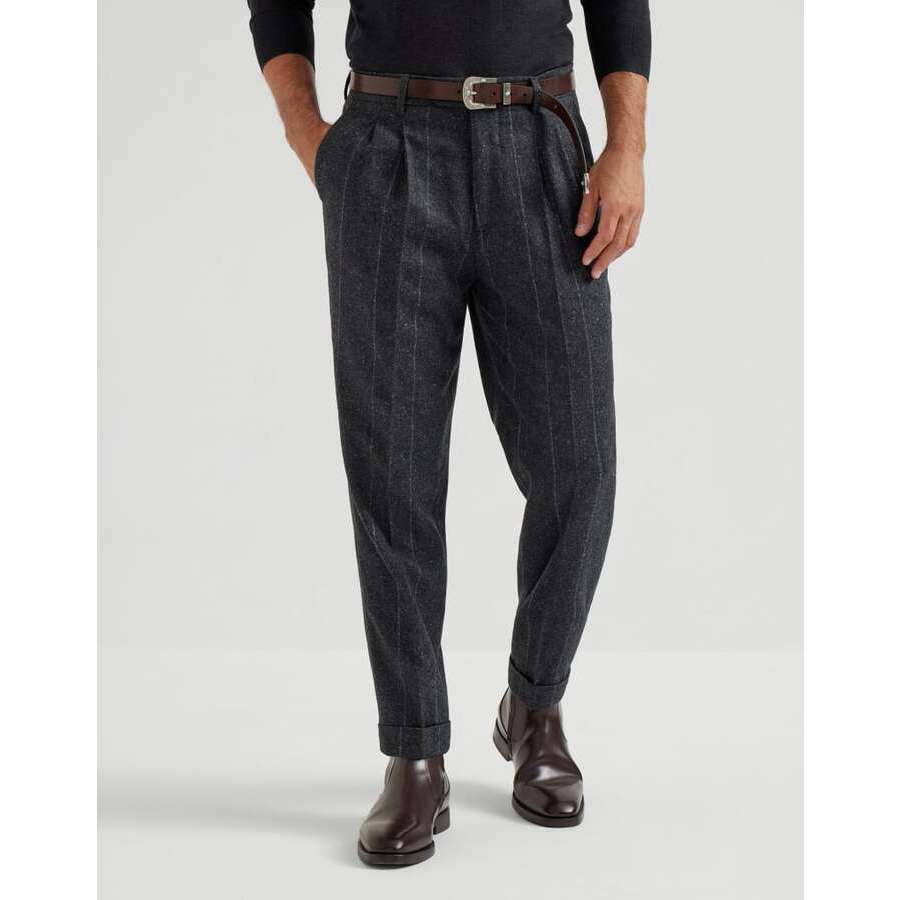 Brunello Cucinelli Men's Anthracite Wool Silk Pinstripe Trousers