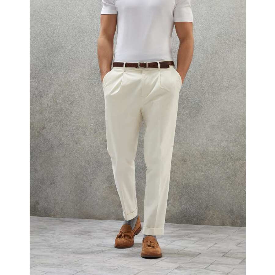 Brunello Cucinelli Mens Off White Cotton Wool Blend Trousers