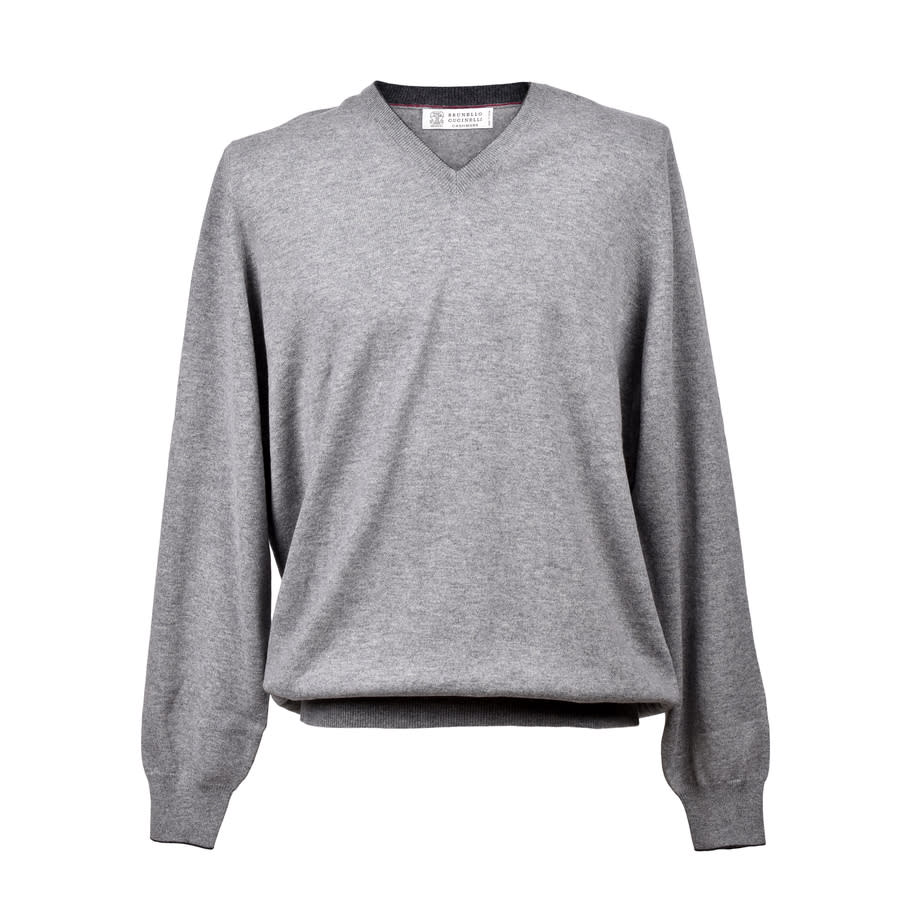 Brunello Cucinelli Gray Cashmere V-Neck Pullover Sweater