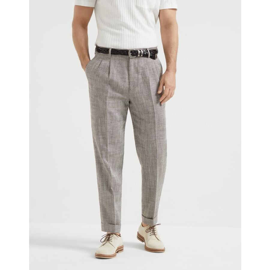 Brunello Cucinelli Linen-Blend Tailored Trousers — Brown