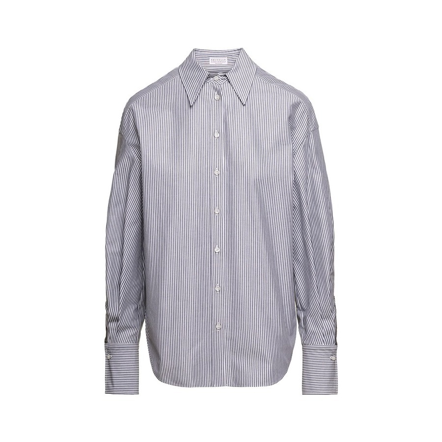 Brunello Cucinelli Women's White Blue Striped Button-Up Shirt