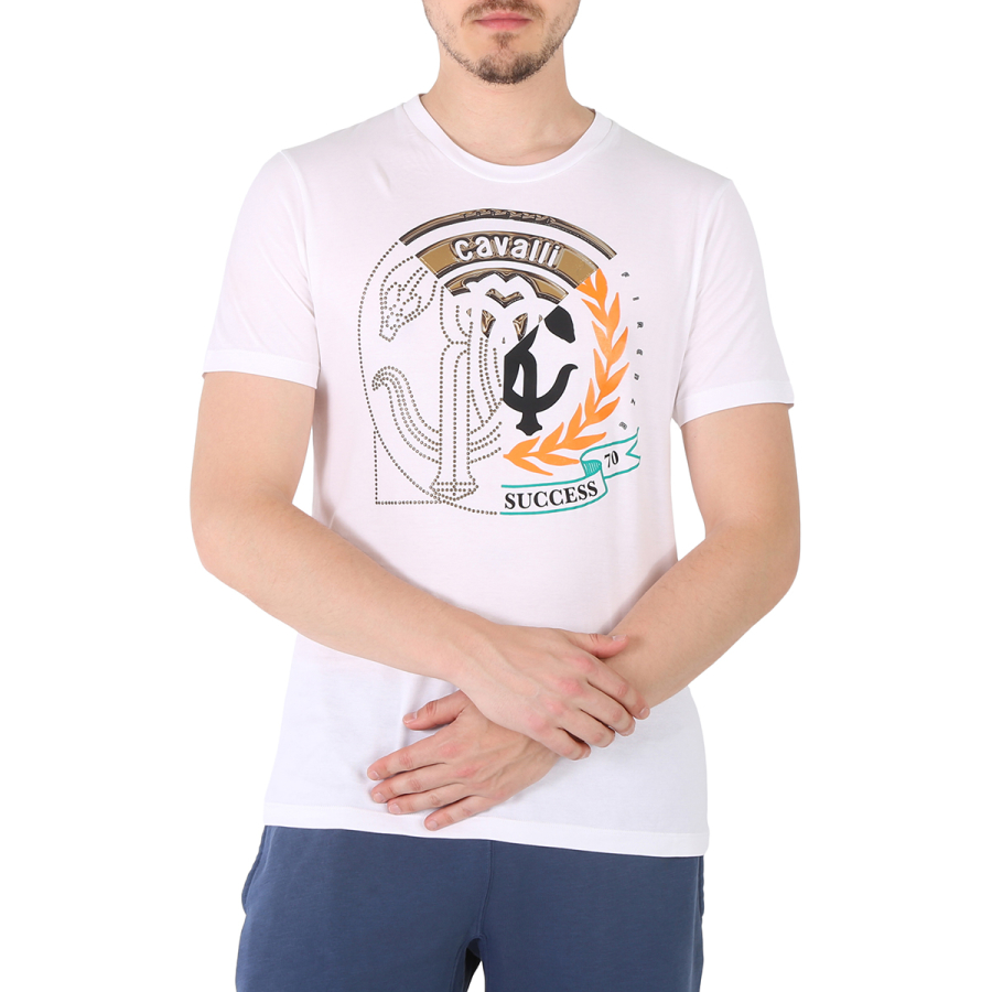 Roberto Cavalli Mens White Iconic Fragment Printed Cotton T-shirt