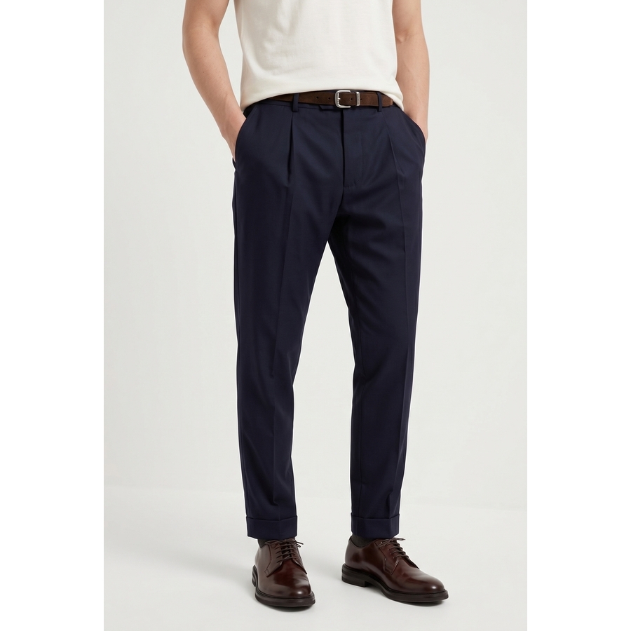 Brunello Cucinelli Wool-Silk Blend Tapered Trousers — Navy
