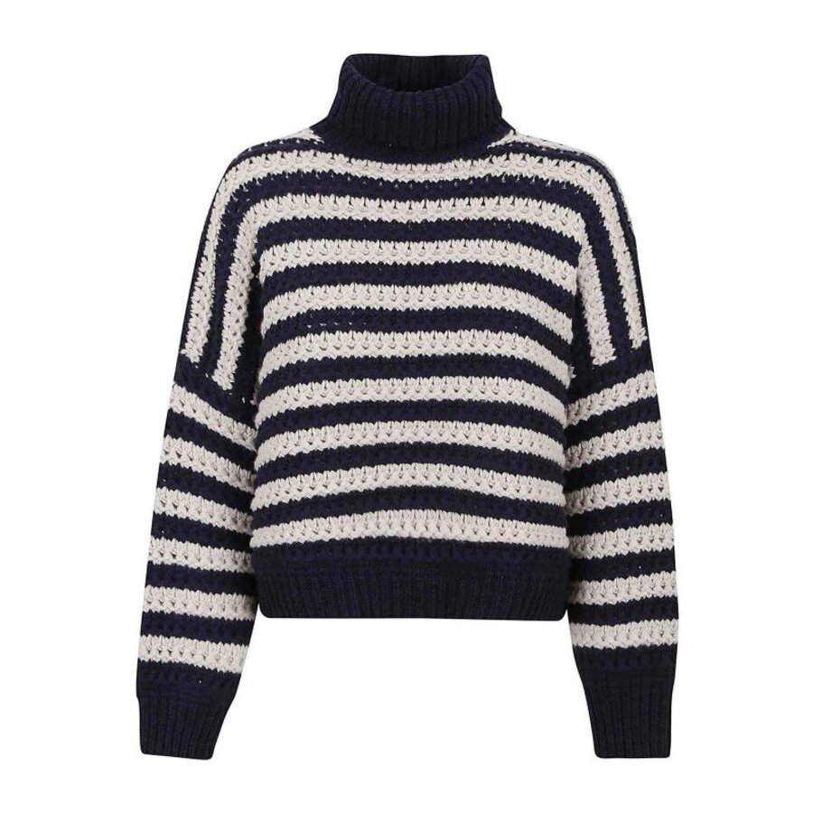 Brunello Cucinelli Women's Navy Striped Turtleneck Knit Sweater