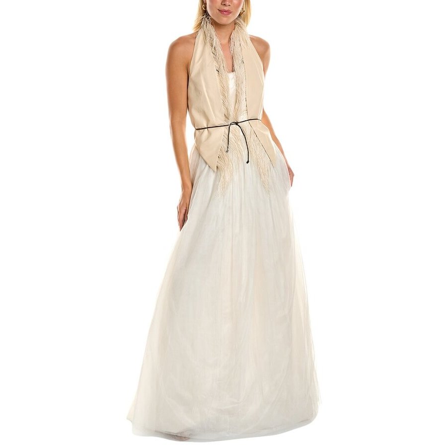 Brunello Cucinelli Champagne Halter Gown With Fringe, Size Medium