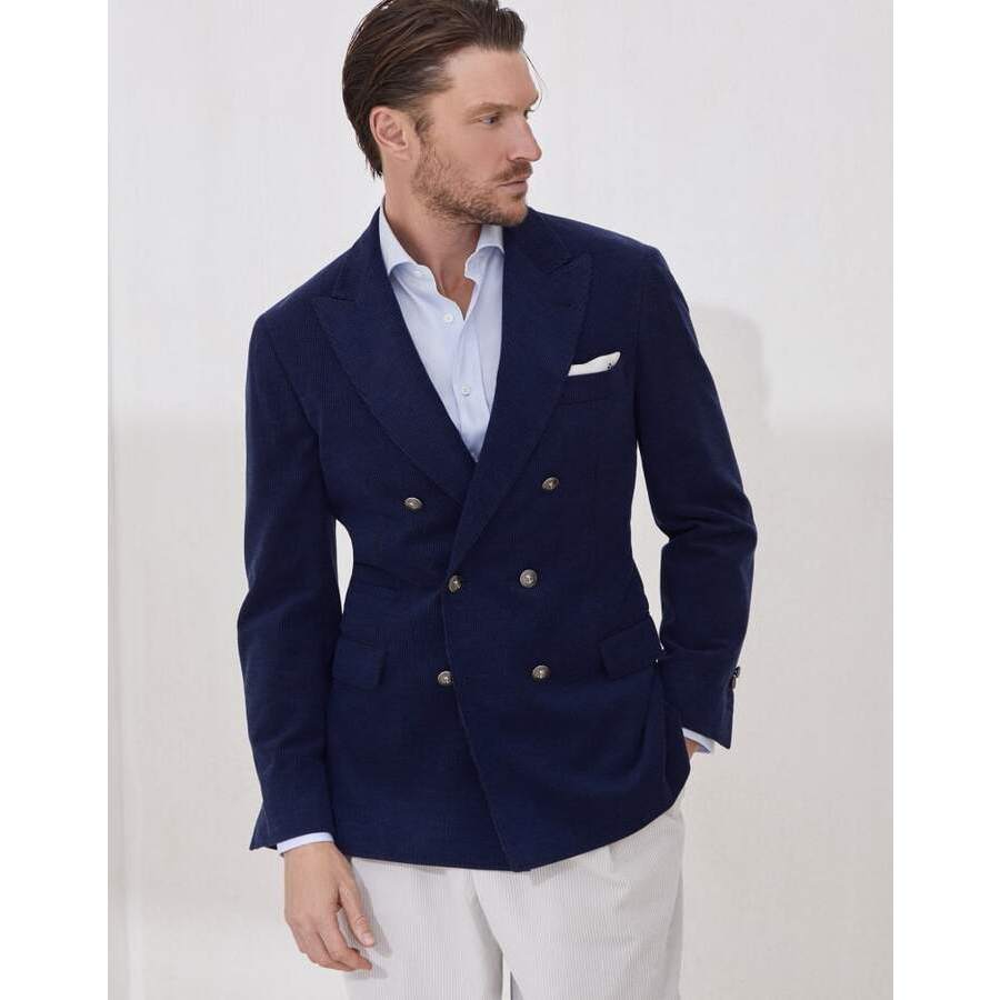 Brunello Cucinelli Mens Sapphire Wool Silk Double Breasted Blazer