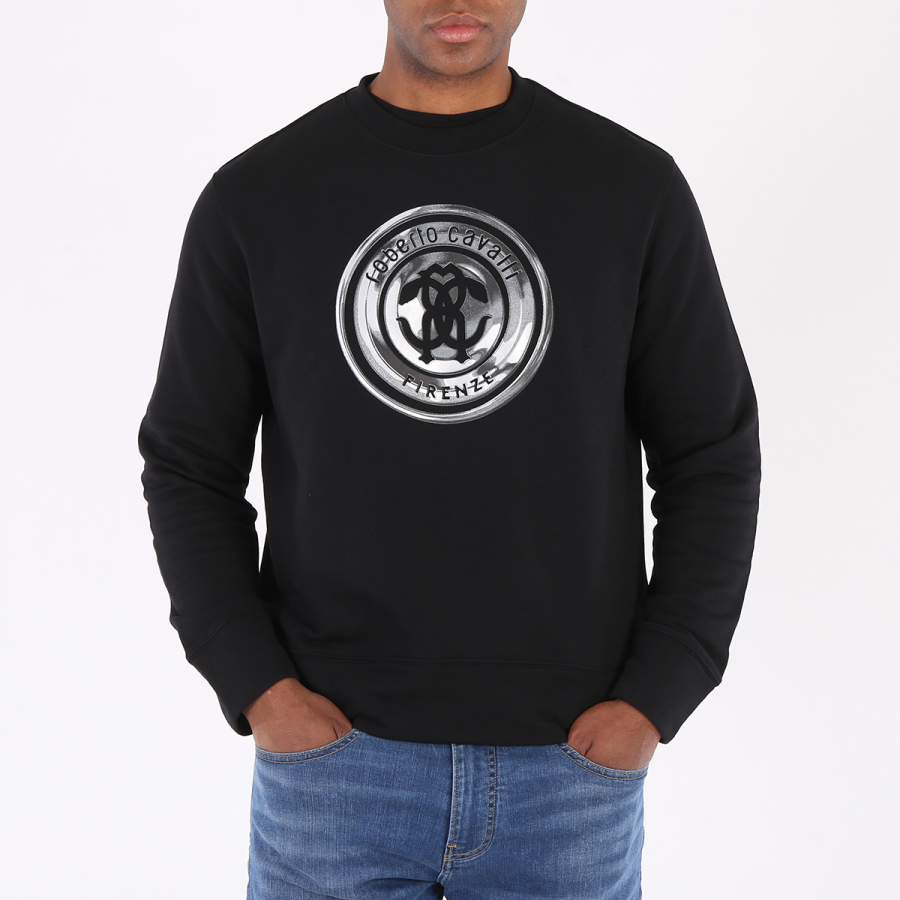 Roberto Cavalli Mens Black Logo Print Cotton Sweatshirt