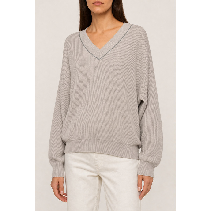 Brunello Cucinelli Womens 100% Cotton Monili Bead V Neck Sweater Nwt