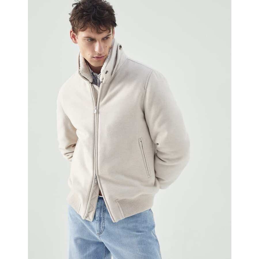 Brunello Cucinelli Mens Sand Wool Bomber Jacket