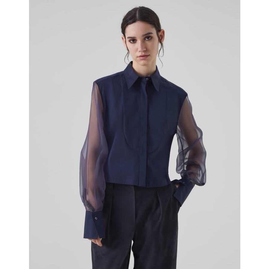 Brunello Cucinelli Womens Night Sheer Sleeve Cotton Blend Shirt