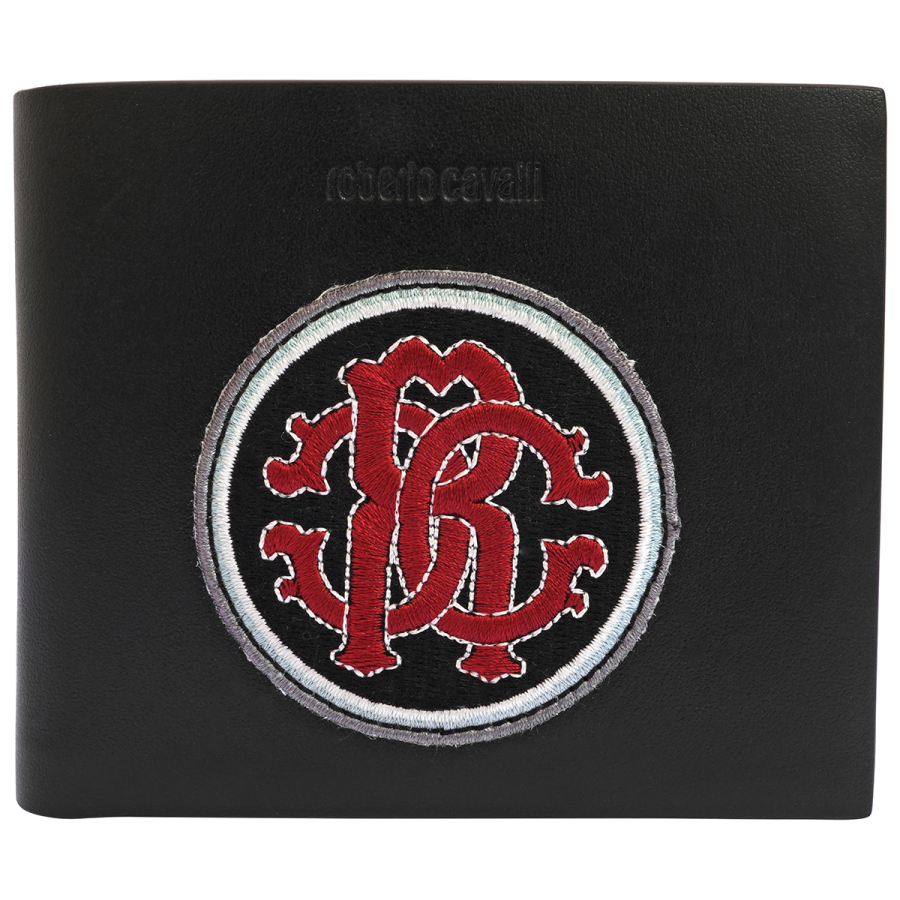 Roberto Cavalli Mens RC Monogram Patch Bifold Leather Wallet - Black