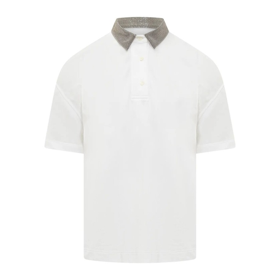 Brunello Cucinelli White Polo With Embellished Collar