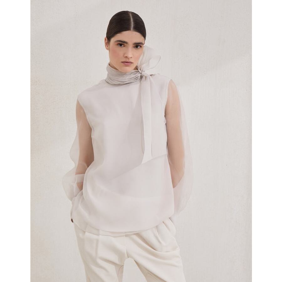 Brunello Cucinelli Women's Off White Sheer High Neck Sleeveless Shirt