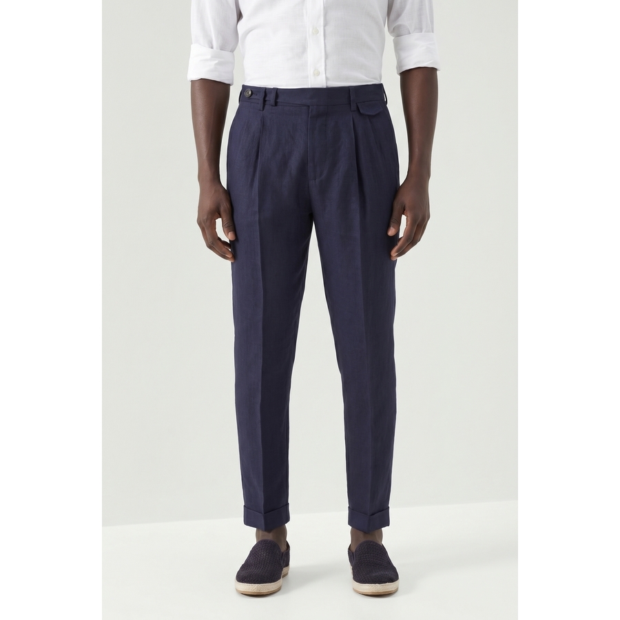 Brunello Cucinelli Linen Pleated Tapered Trousers — Navy